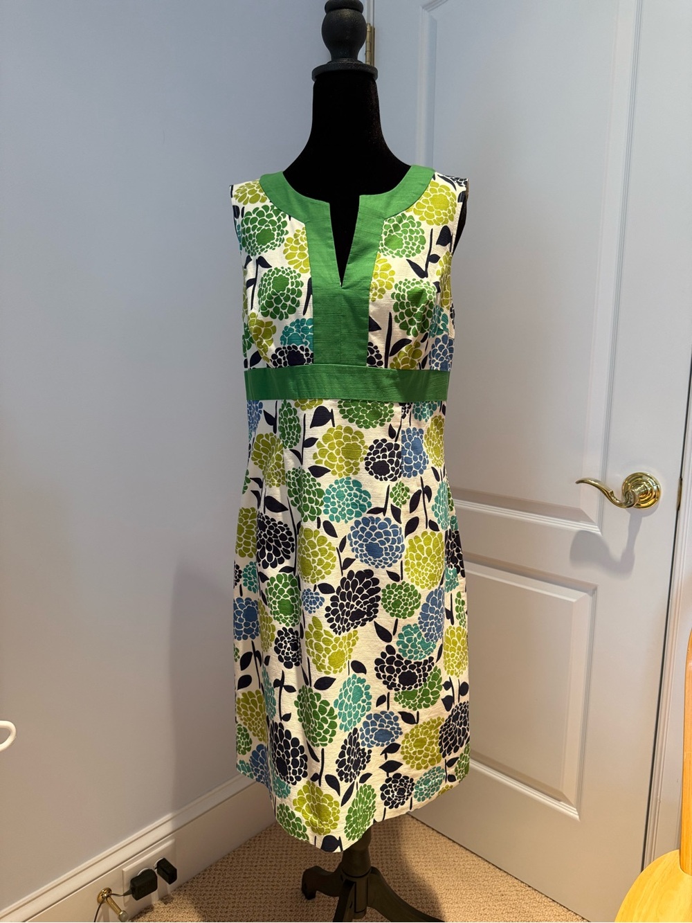 Boden Green and Navy Floral Midi Dress with Contrast Waistband